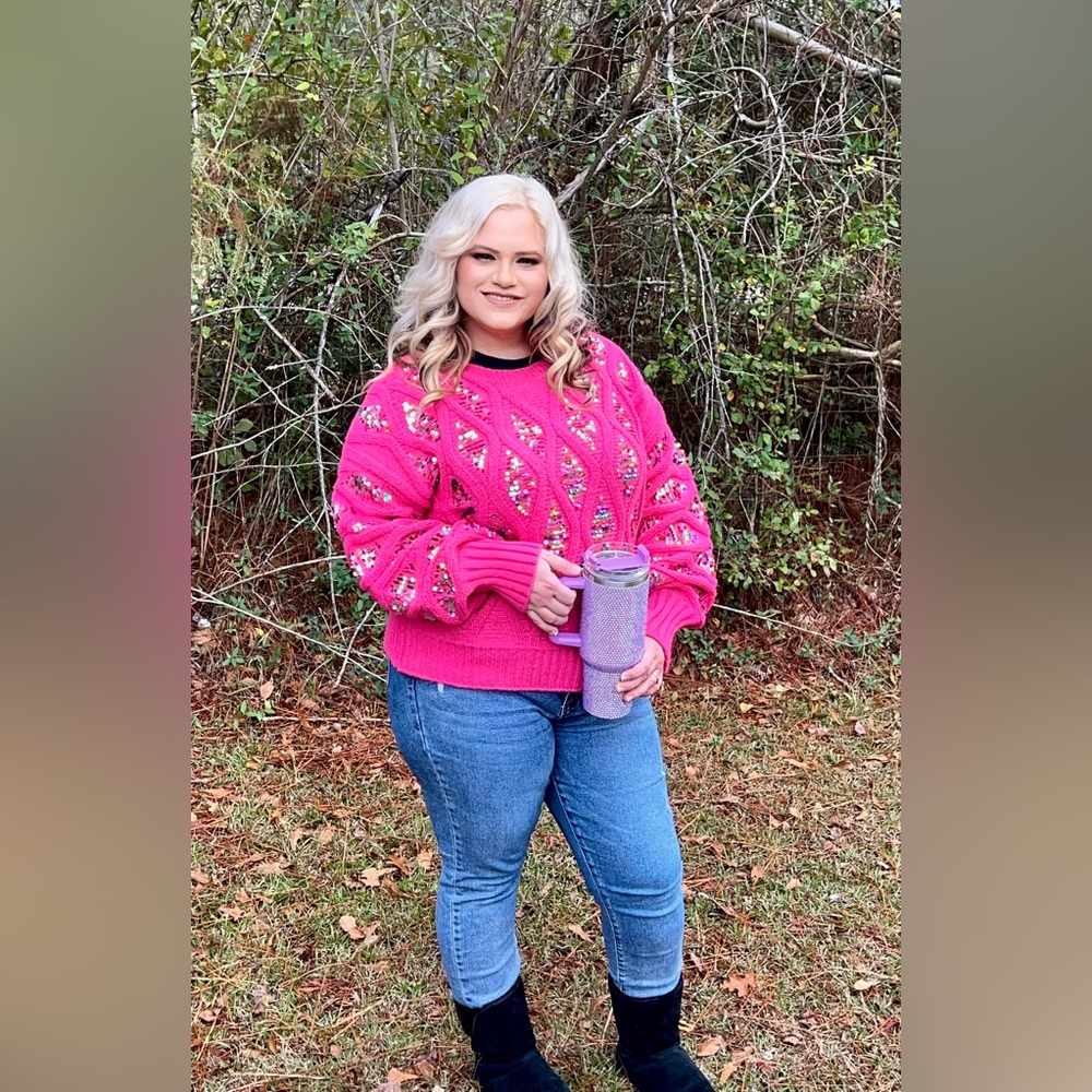 BiBi Fuchsia Geometric Crew Neck Sweater